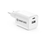 شاحن حائط Smart Gate SGCH-45CAGaNSEW Spark بقوة 45 واط، بمنفذين (USB-C و USB-A) وتقنية PD، لون أبيض.