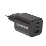 شاحن حائط Smart Gate SGCH-65CCAGaNSEB Spark بقوة 65 واط، مزود بـ 3 منافذ (منفذي USB-C ومنفذ USB-A) وتقنية PD، باللون الأسود.